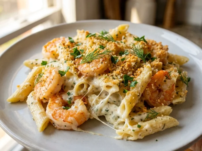 Garlic Butter Shrimp Scampi Pasta Bake | Easy Seafood Pasta Casserole Recipe