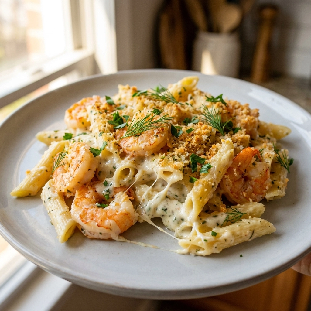 Garlic Butter Shrimp Scampi Pasta Bake | Easy Seafood Pasta Casserole Recipe