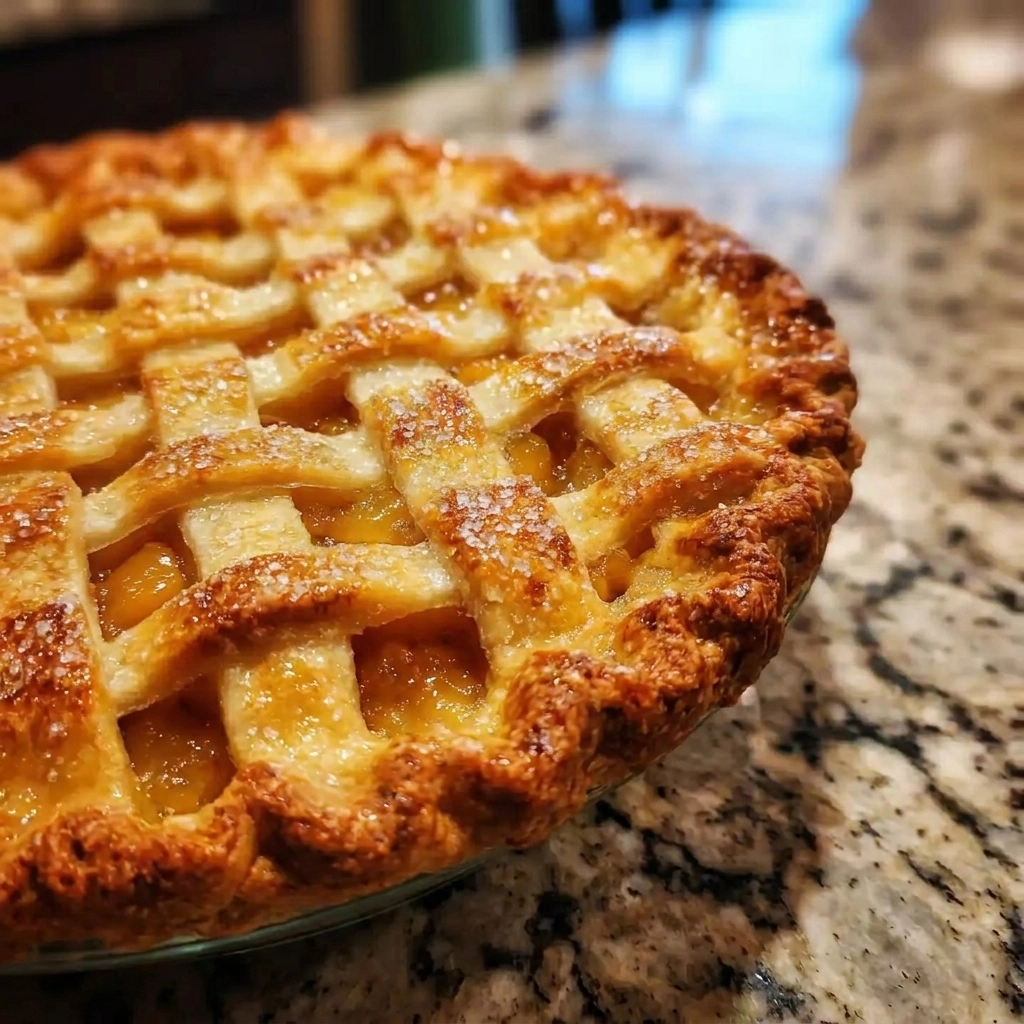 Golden Peach Pie with a Crisp Vanilla Sugar Lattice