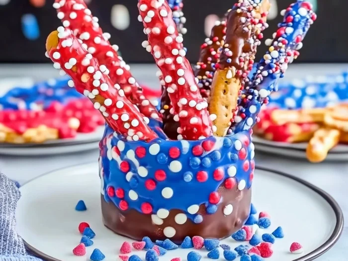 Red, White, and Blue Chocolate Pretzel Rods for July 4th