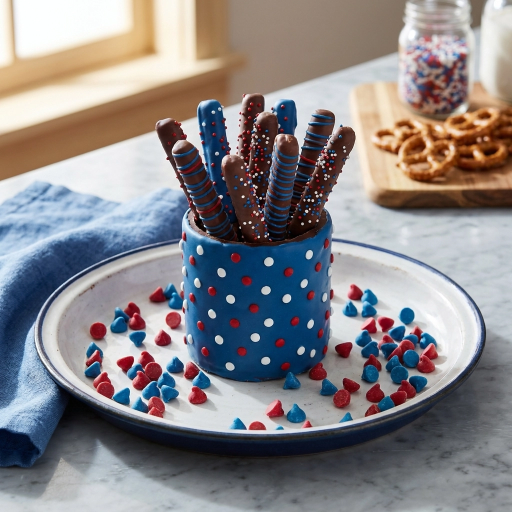 Red, White, and Blue Chocolate Pretzel Rods for July 4th