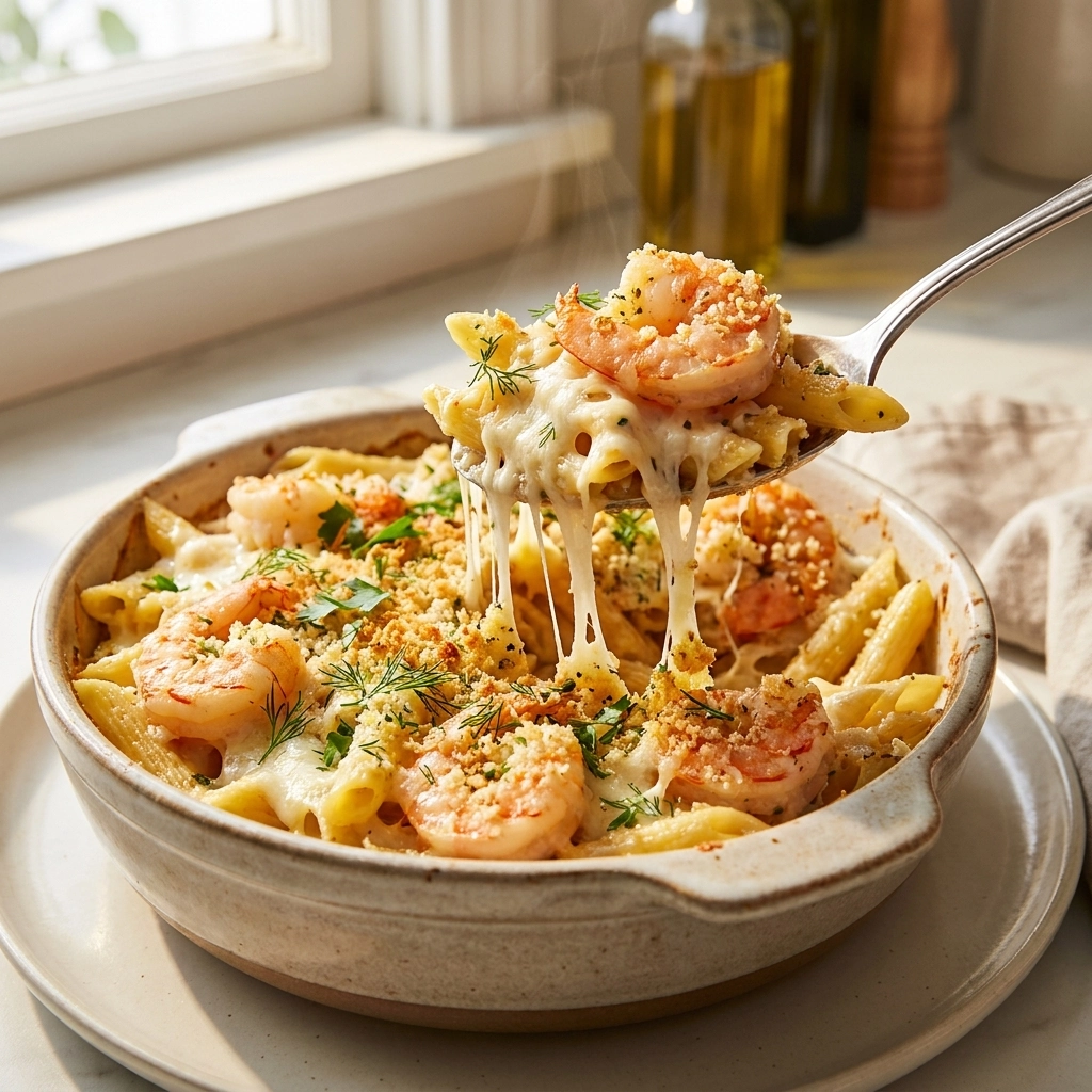 Garlic Butter Shrimp Scampi Pasta Bake | Easy Seafood Pasta Casserole Recipe