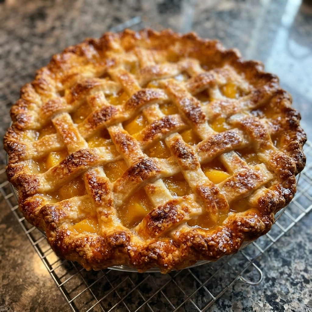 Golden Peach Pie with a Crisp Vanilla Sugar Lattice