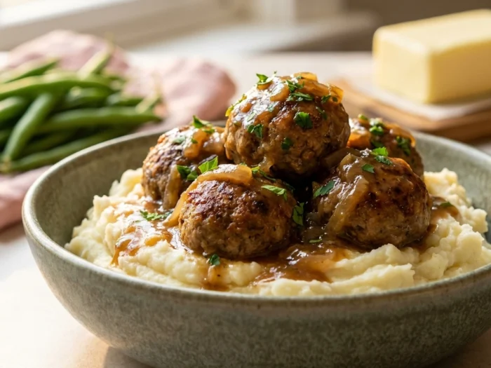 Slow Cooker Salisbury Meatballs Recipe with Creamy Mashed Potatoes – Hearty Comfort Food Dinner | Easy Slow Cooker Meals
