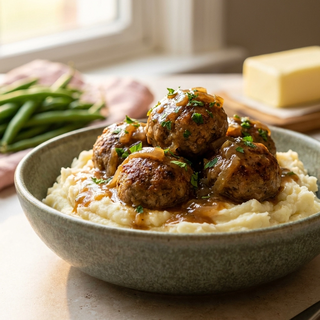 Slow Cooker Salisbury Meatballs Recipe with Creamy Mashed Potatoes – Hearty Comfort Food Dinner | Easy Slow Cooker Meals