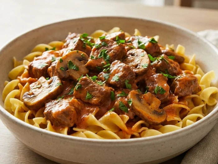 Slow Cooker Beef Stroganoff with Porcini Cream and Paprika Ribbons | Easy Crockpot Dinner