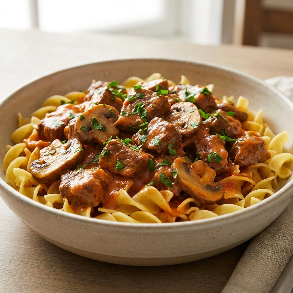 Slow Cooker Beef Stroganoff with Porcini Cream and Paprika Ribbons | Easy Crockpot Dinner