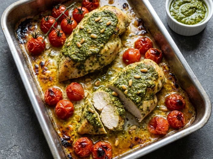 One Pan Pesto Chicken Bake with Cherry Tomatoes | Easy Weeknight Dinner