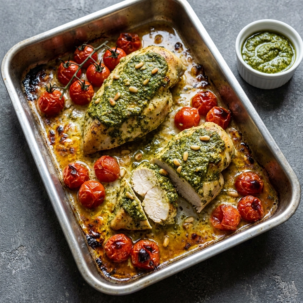 One Pan Pesto Chicken Bake with Cherry Tomatoes | Easy Weeknight Dinner
