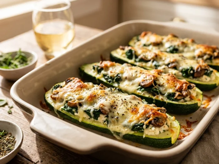 Spinach, Mushroom, and Ricotta Stuffed Zucchini Recipe | Healthy Low Carb Side Dish