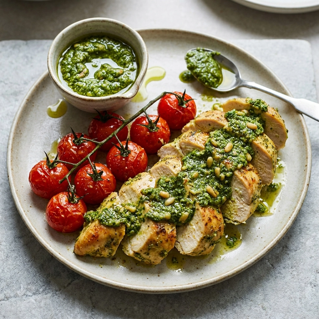 One Pan Pesto Chicken Bake with Cherry Tomatoes | Easy Weeknight Dinner