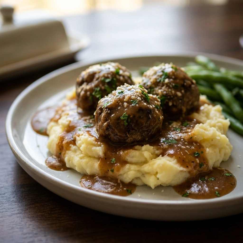 Slow Cooker Salisbury Meatballs Recipe with Creamy Mashed Potatoes – Hearty Comfort Food Dinner | Easy Slow Cooker Meals