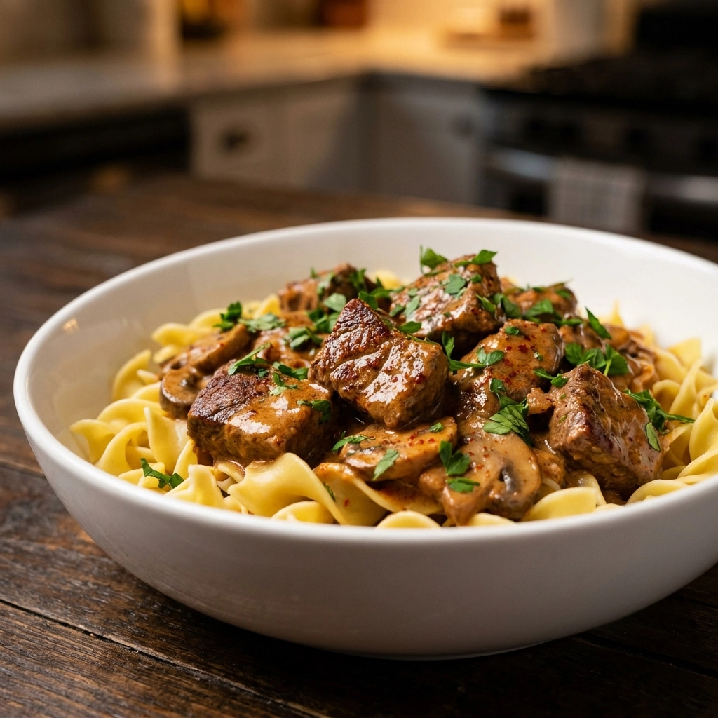 Slow Cooker Beef Stroganoff with Porcini Cream and Paprika Ribbons | Easy Crockpot Dinner