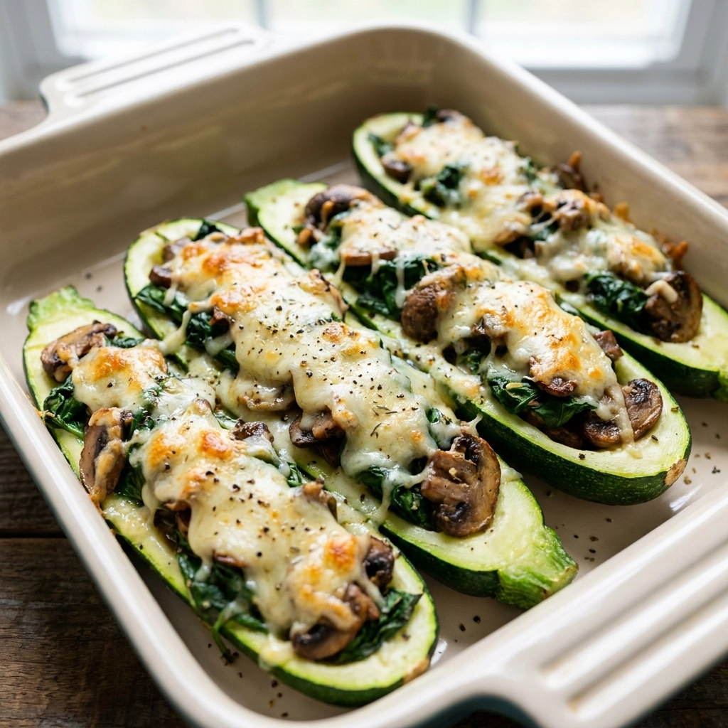 Spinach, Mushroom, and Ricotta Stuffed Zucchini Recipe | Healthy Low Carb Side Dish