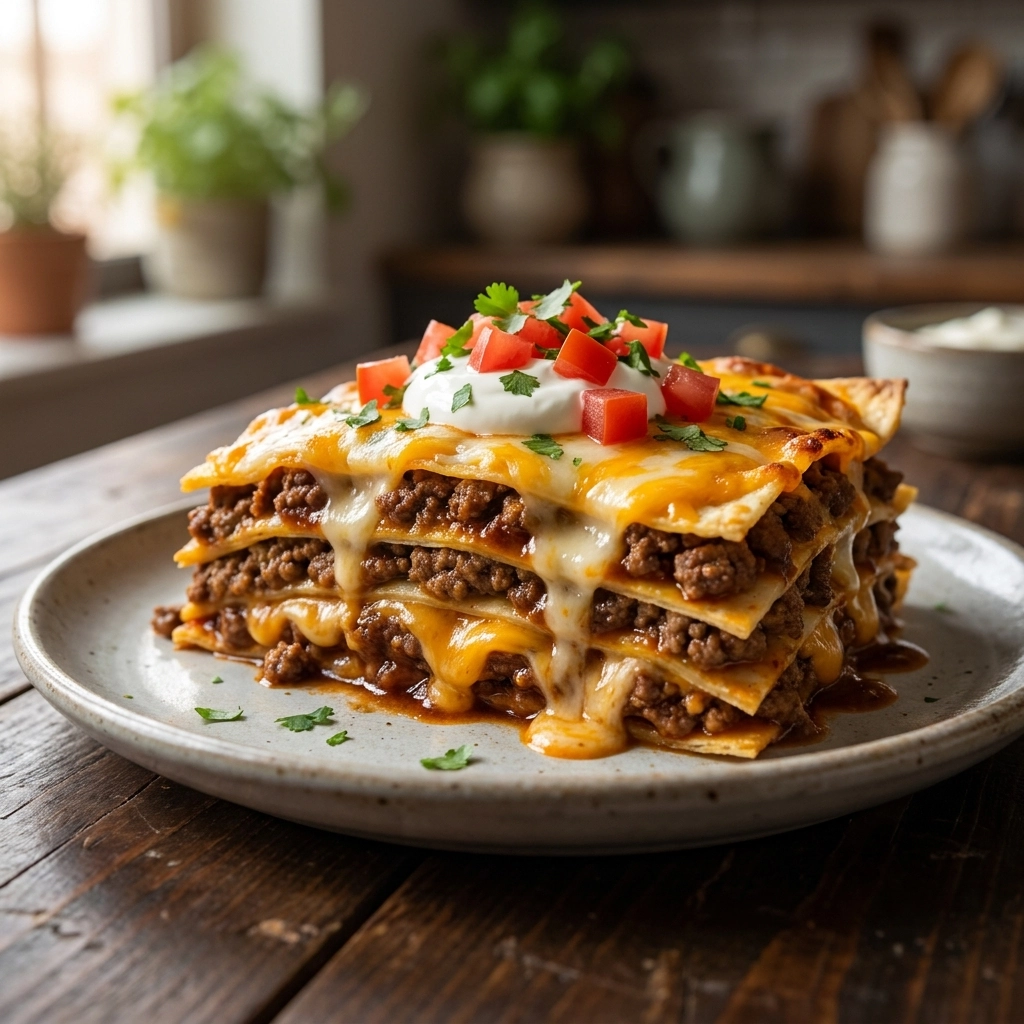 Cheesy Tex-Mex Layered Beef Tortilla Bake | Easy Family Dinner Recipe