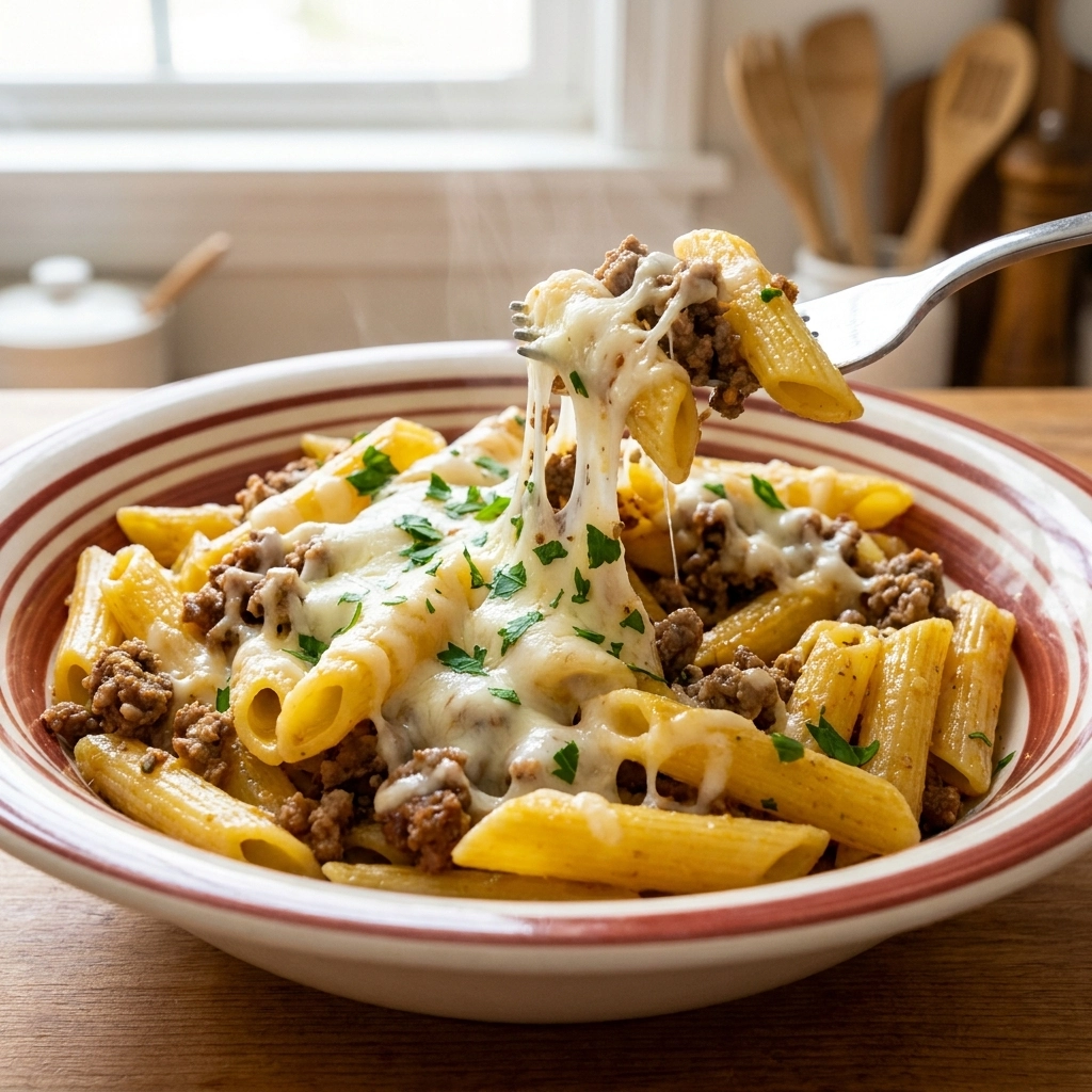 Cheesy Penne with Garlic Butter Ground Beef Recipe | Easy Beef Pasta Dinner