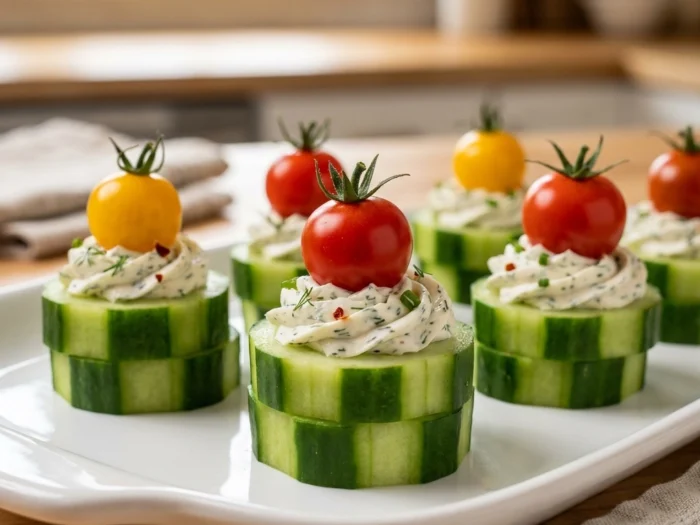 Cucumber Bites with Herbed Cream Cheese and Cherry Tomato | Easy Party Appetizer