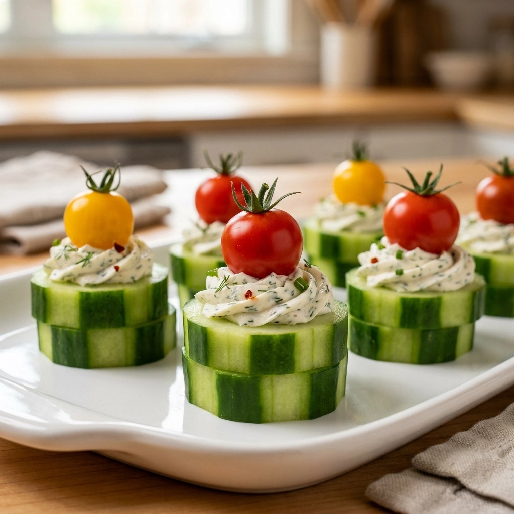 Cucumber Bites with Herbed Cream Cheese and Cherry Tomato | Easy Party Appetizer