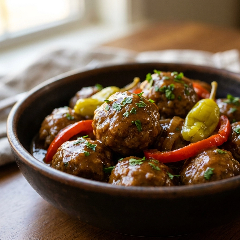 Tangy Crockpot Pepperoncini Meatballs | Easy Slow Cooker Appetizer Recipe