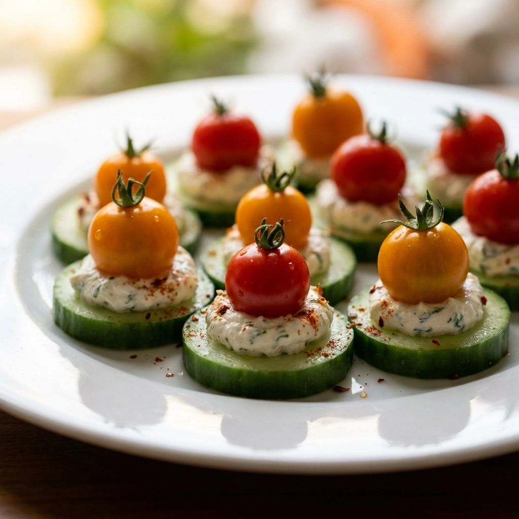 Cucumber Bites with Herbed Cream Cheese and Cherry Tomato | Easy Party Appetizer