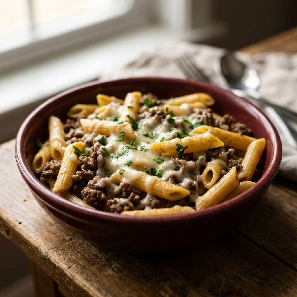 Cheesy Penne with Garlic Butter Ground Beef Recipe | Easy Beef Pasta Dinner